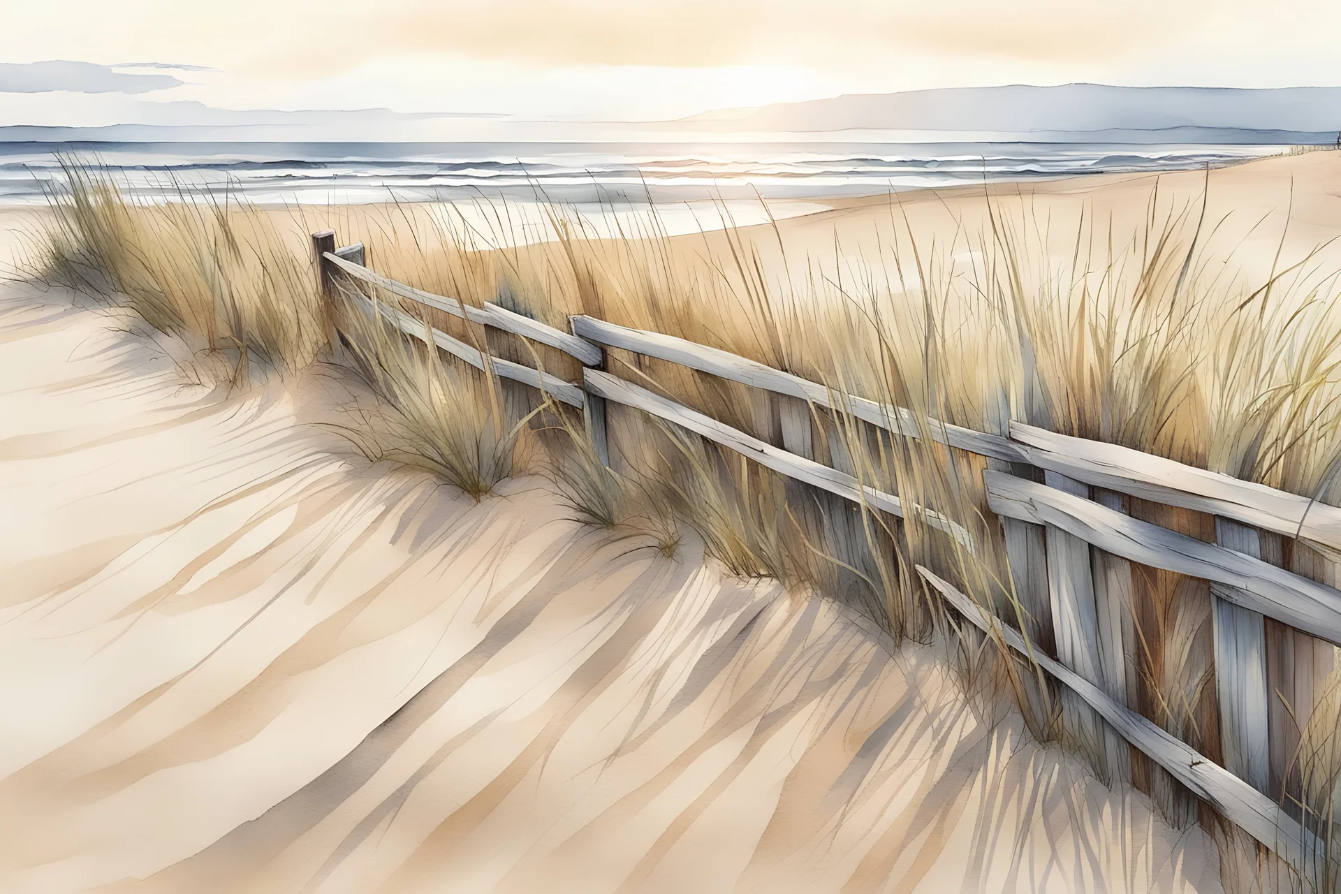 watercolor and pen illustration, loose brush strokes, stylish landscape, close up of weathered broken wooden fence with vertical slats on a sand dune, Maine beach on a sunny sunrise in the spring, wavy fescue beach grass, style of Ansel Adams, complex contrast, dynamic diagonal composition, muted colors, moody, nostalgic