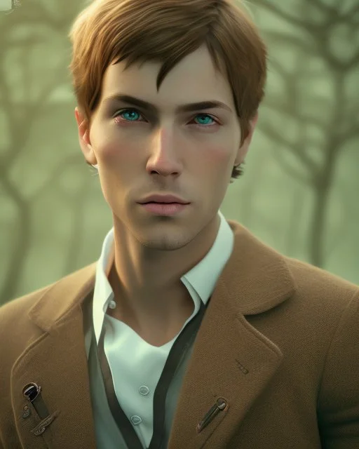 young noble swordman short brown hair photorealistic