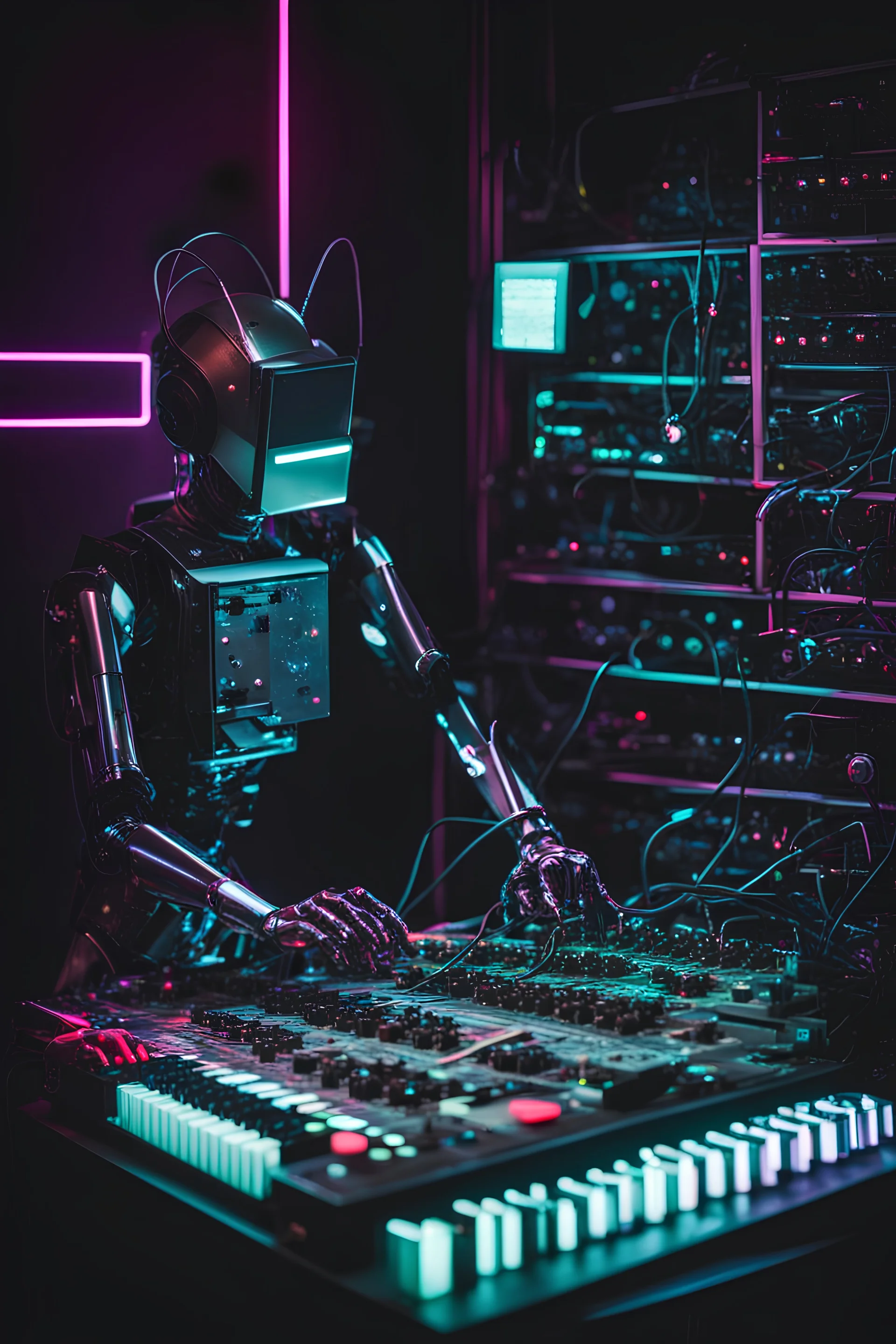 robot playing modular synthesizer in a dark neon room