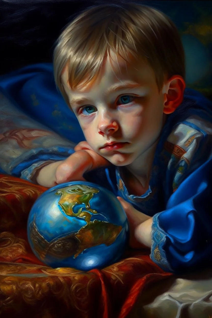 book cover, oil painting portrait of metallic sleeping slightly cute smirking innocent blue eyed vampire holding small earth on a platter on a towel, bokeh , high detail, smooth render, prize winning, down light, depth of field, aura, in wind