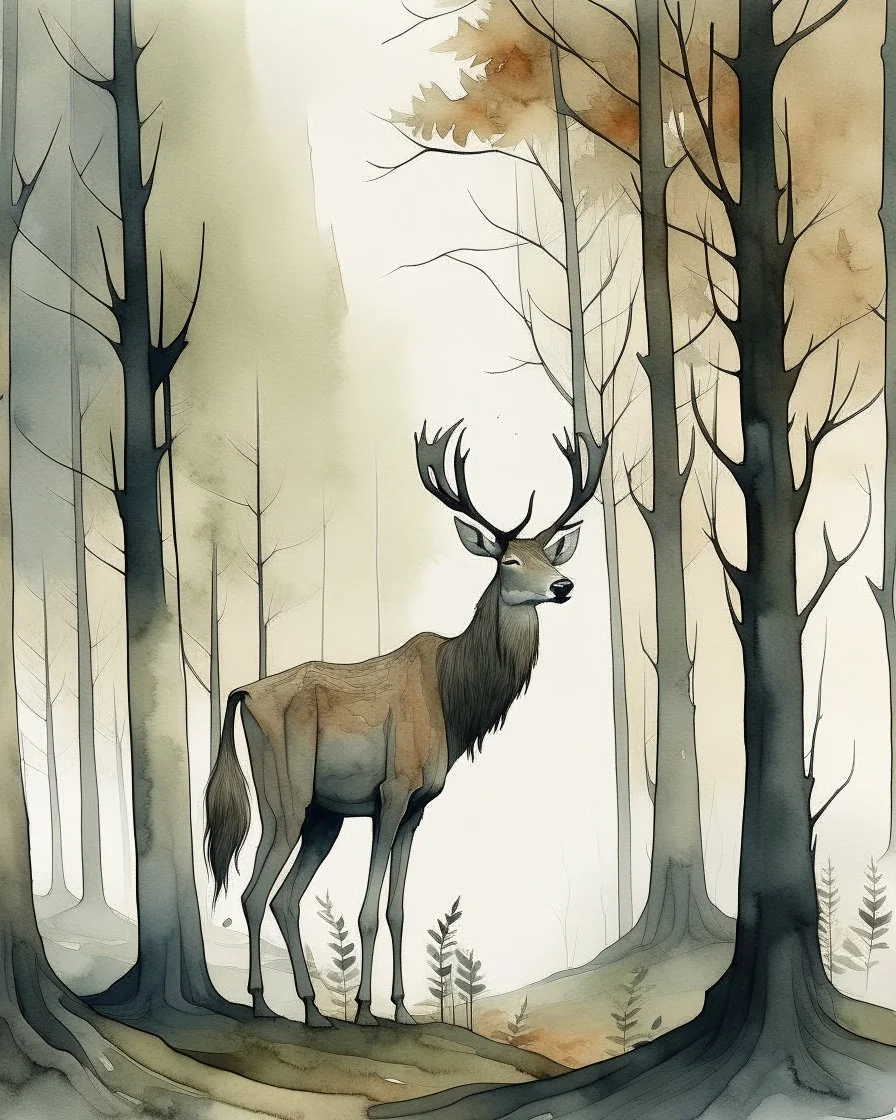 deer with antlers standing sideways, looking at viewer, water color painted, among tall simplified tree trunks, foggy