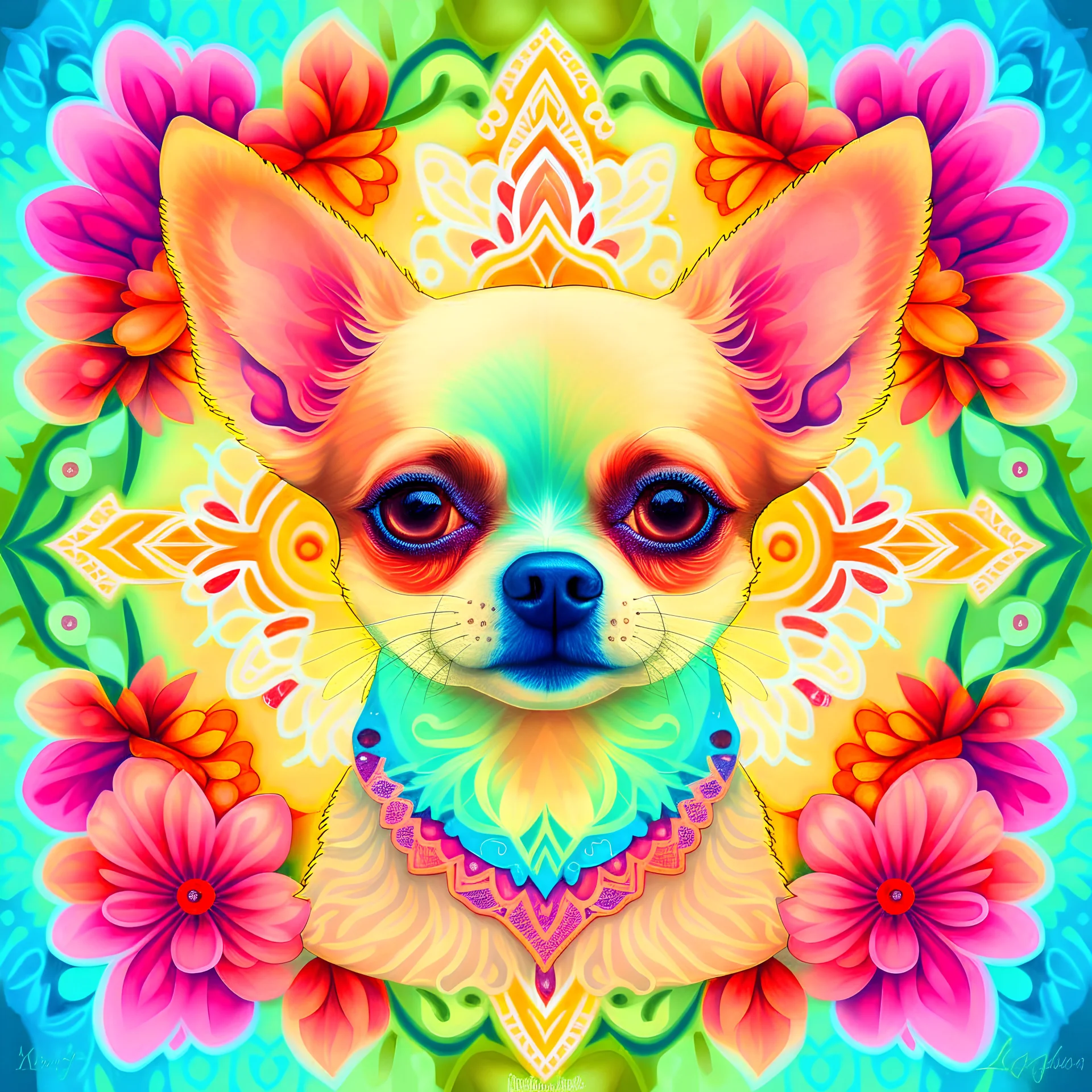 coloring pages: Charming Chihuahua Mandala in a Dreamy Garden a playful Chihuahua with intricate mandala patterns, vibrant floral surroundings, soft natural sunlight, dreamy garden atmosphere, detailed fur texture, whimsical charm, detailed eyes, and a joyful expression. Illustrated in a watercolor style, 4K resolution, capturing the essence of a serene and enchanting moment.