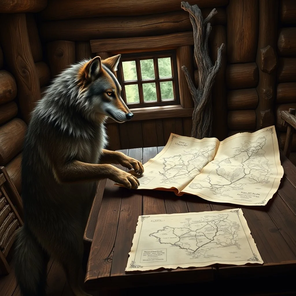 two anthropomorphic wolf stand around the old wooden table. They studying two map which features markings drawing are visible. one map lies down on big wooden table, one map holds his paws, older wolf a gnarled tree leans on a stick, in background the room's massive wooden walls, one little window, high realistic, detailed, cinematic mood