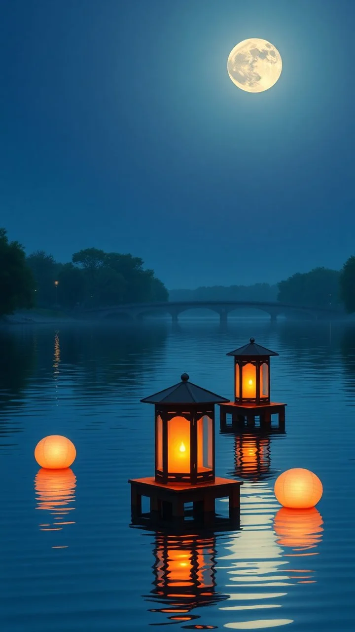 A three Water floating lanterns , on the water surface of a river , under a beautiful moon light