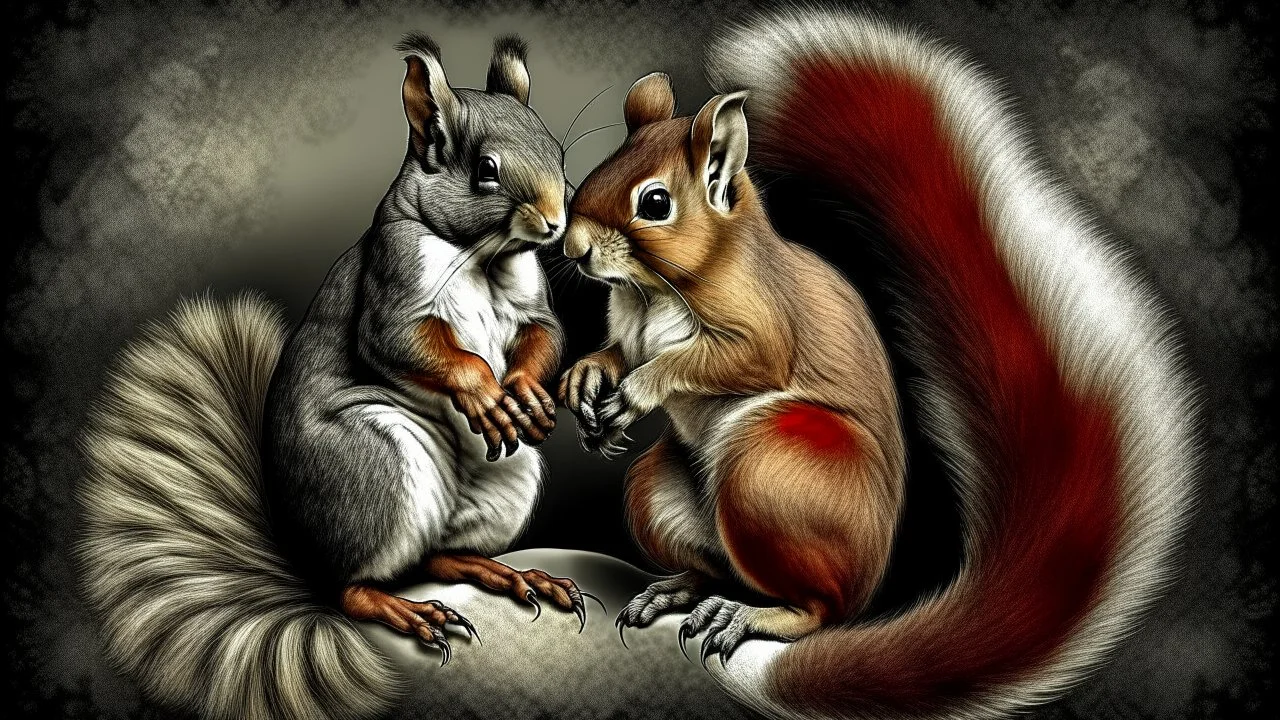 Generate an image of two squirrels in the style of Albrecht Dürer