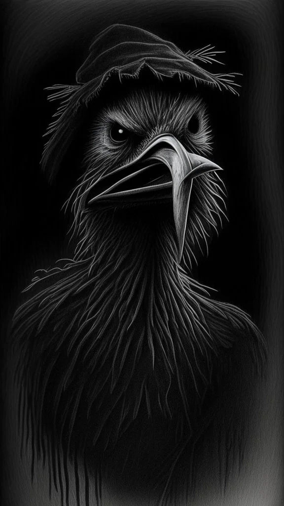 pencil drawing of a scare crow. Spooky, scary, halloween, realistic, black paper