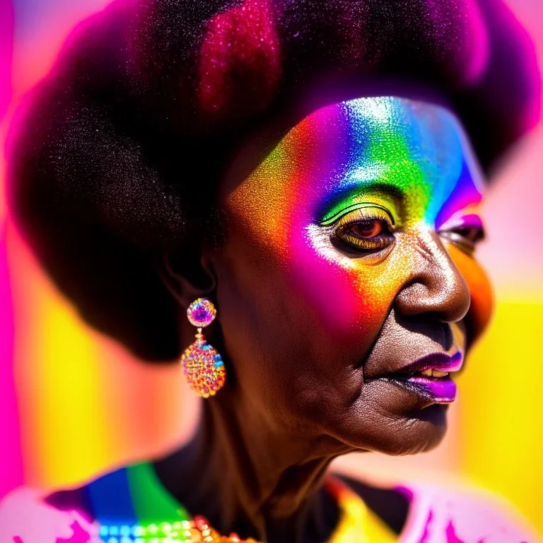 masterpiece, best quality, old woman, dark skinned, sparkling eyes, fluorescent skin, colorful makeup, afro, head shot, highly detailed body, sun light, 4K, RAW, depth of field, high contrast, realistic details, 24mm