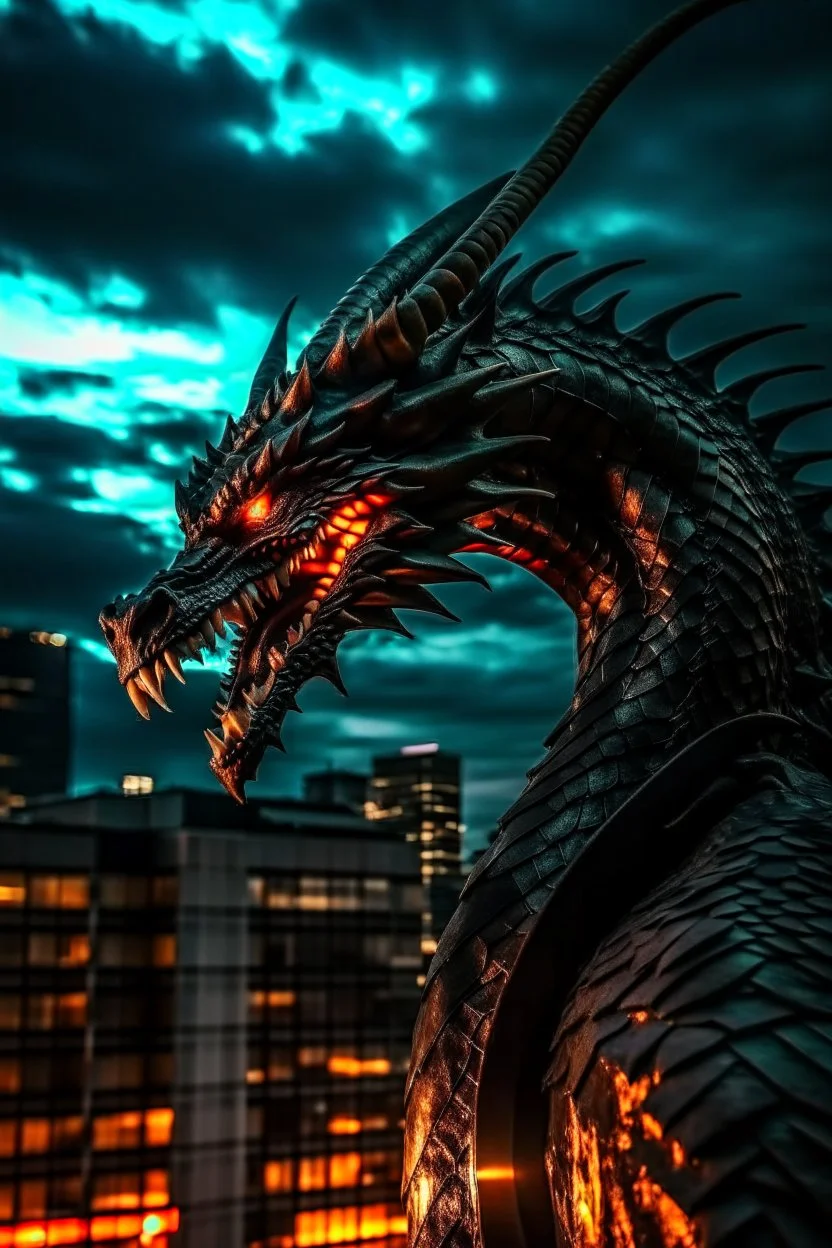 black dragon with glowing eyes on top of a high rise building