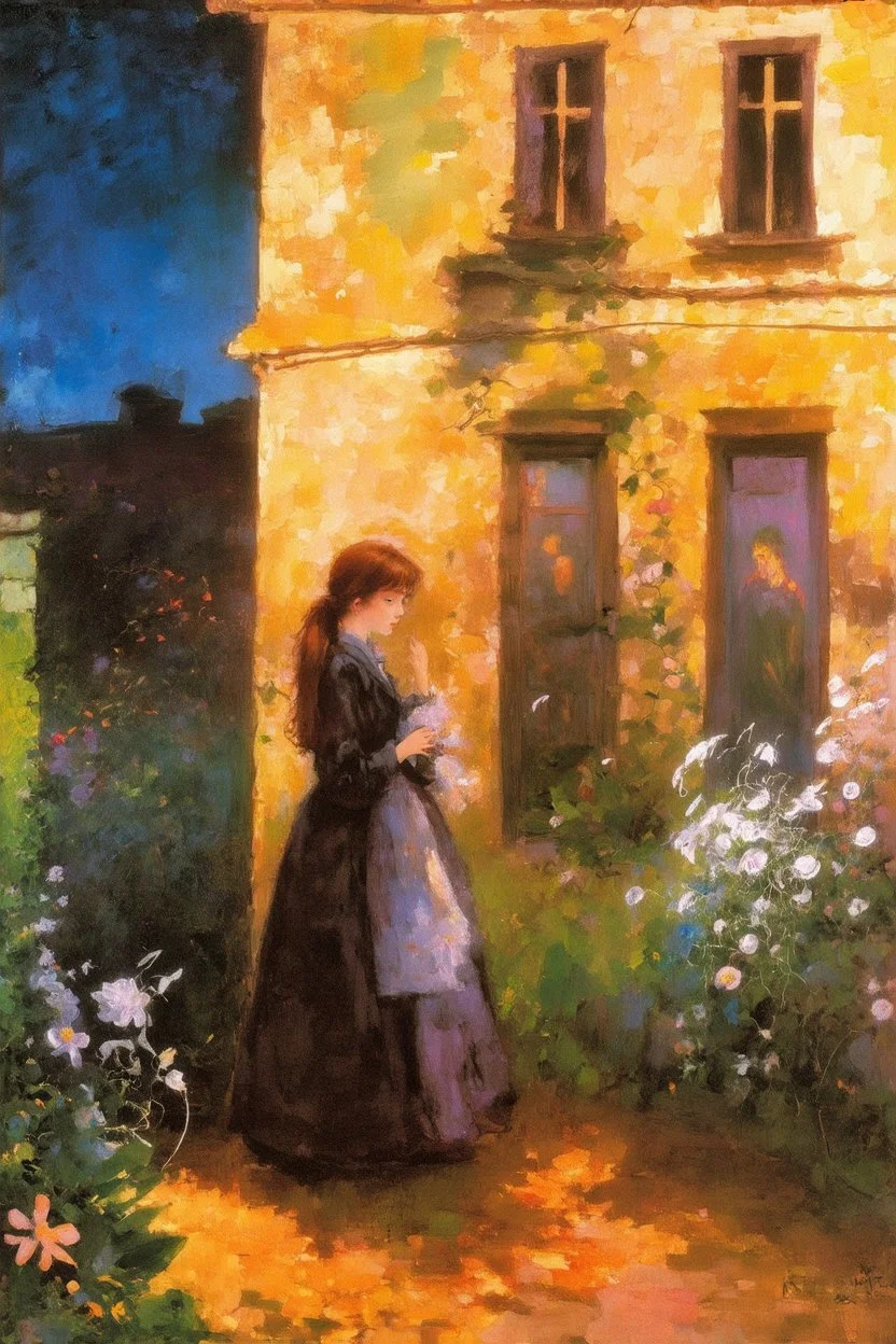 Night, vegetations, flowers, one woman, distant house, mistery, gothic horror films influence, berthe morisot, and gustave moreau paintings