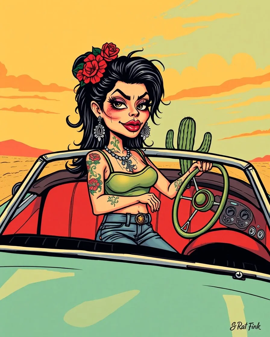Consuela Mexican woman in a tank-top and jeans, illustrated in a RAT Fink Ed Roth's monsters Style driving a convertible car, big head with small body, cholla with face tattoo, cartoon kissy lips, rat fink t-shirt composition, 2 color silkscreen