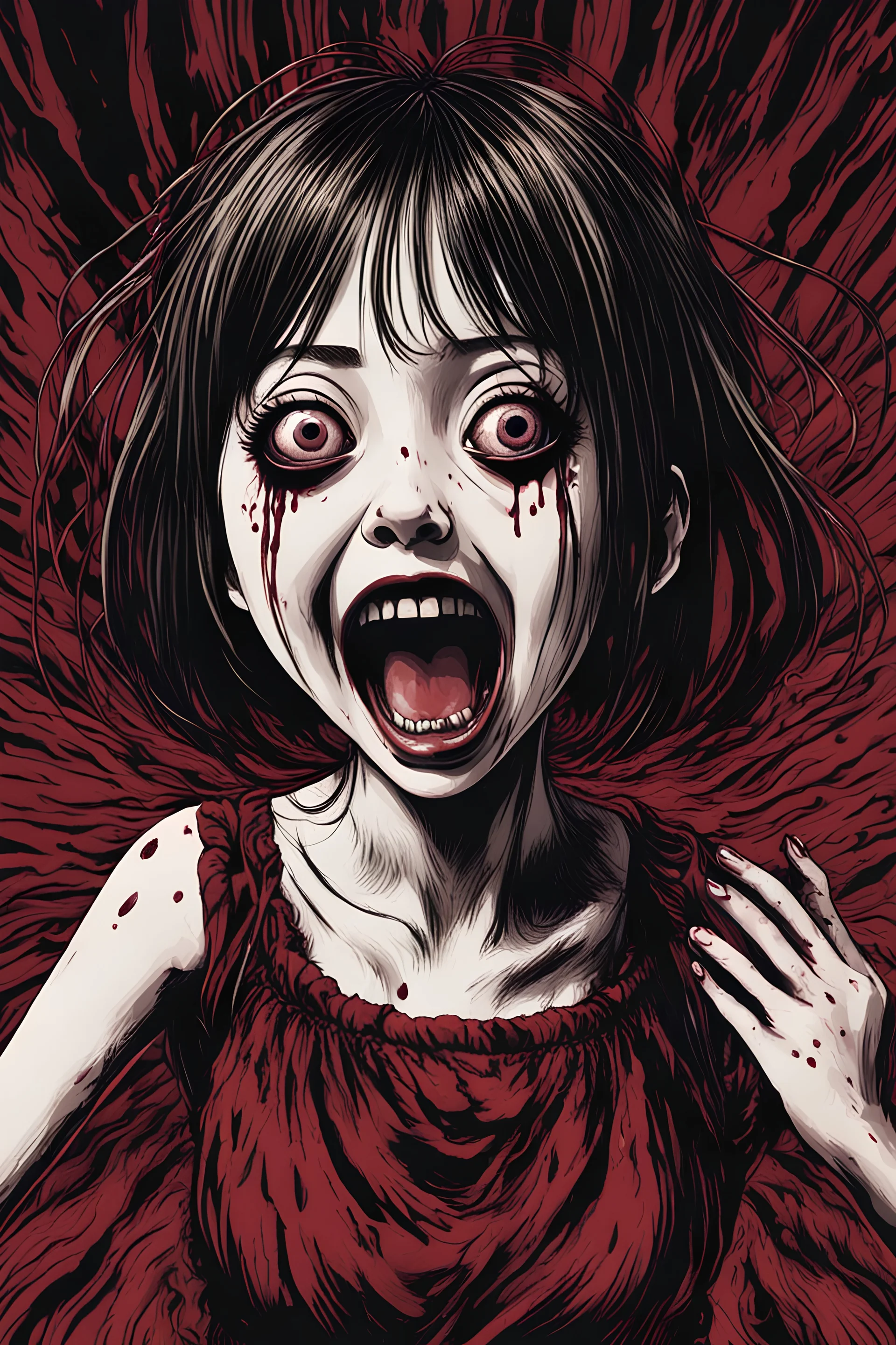 Petit woman with rare eyes, weird pose, fullbody, face distorted with pain, screaming, tears, Junji Ito style, darkred tones,