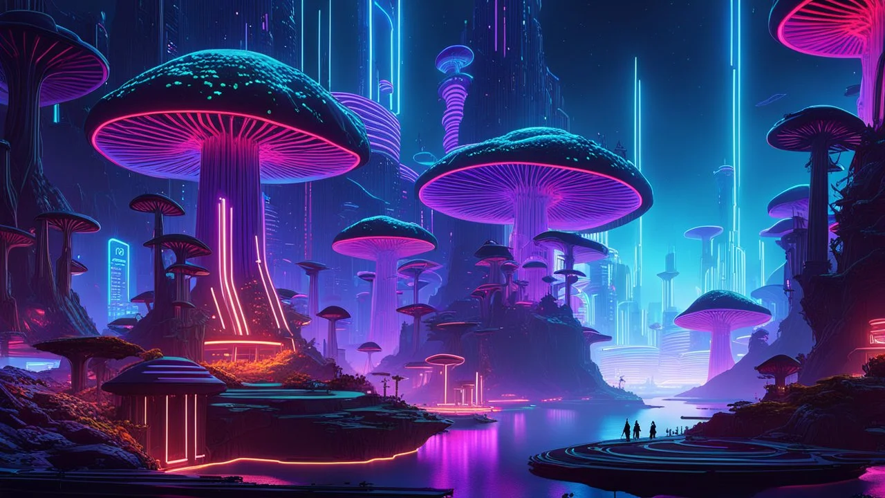 "A cyberpunk fantasy world with floating islands connected by a neon-lit network of mycelium-like strands, futuristic mushroom structures, holographic displays, vibrant neon colors, dark background, sharp focus, in the style of Syd Mead, 8k, trending on Artstation."