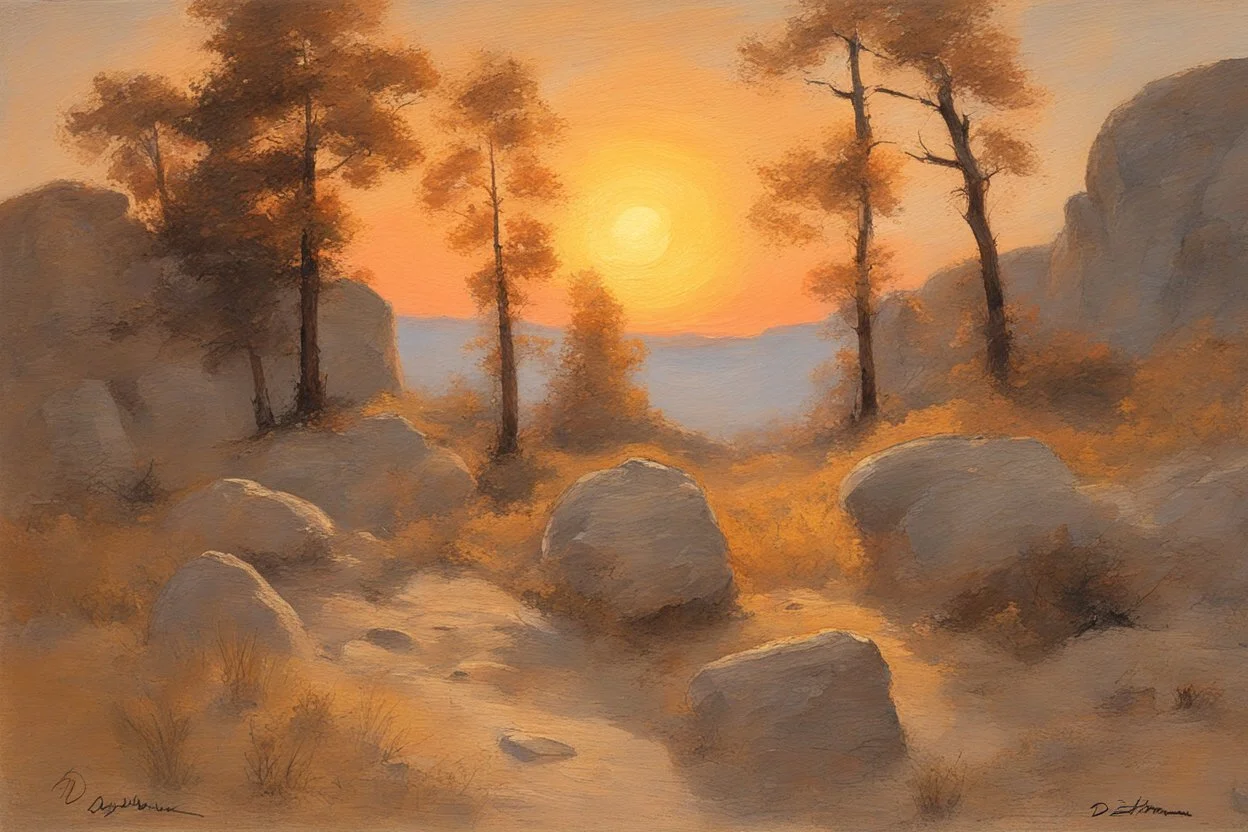 sunset, rocks, trees, begginer's landscape, ludwig dettman impressionism paintings