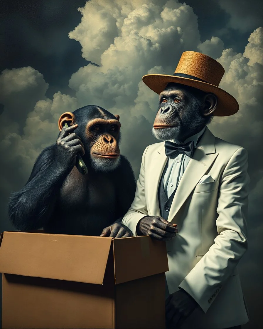 Bosch painting style, nightmare , a male chimpanzee with phone talking to a female chimpanzee with a white tuxedo suit and behind a boxs filledHillary great quality picture with cinematic scenes , heavy clouds in the background
