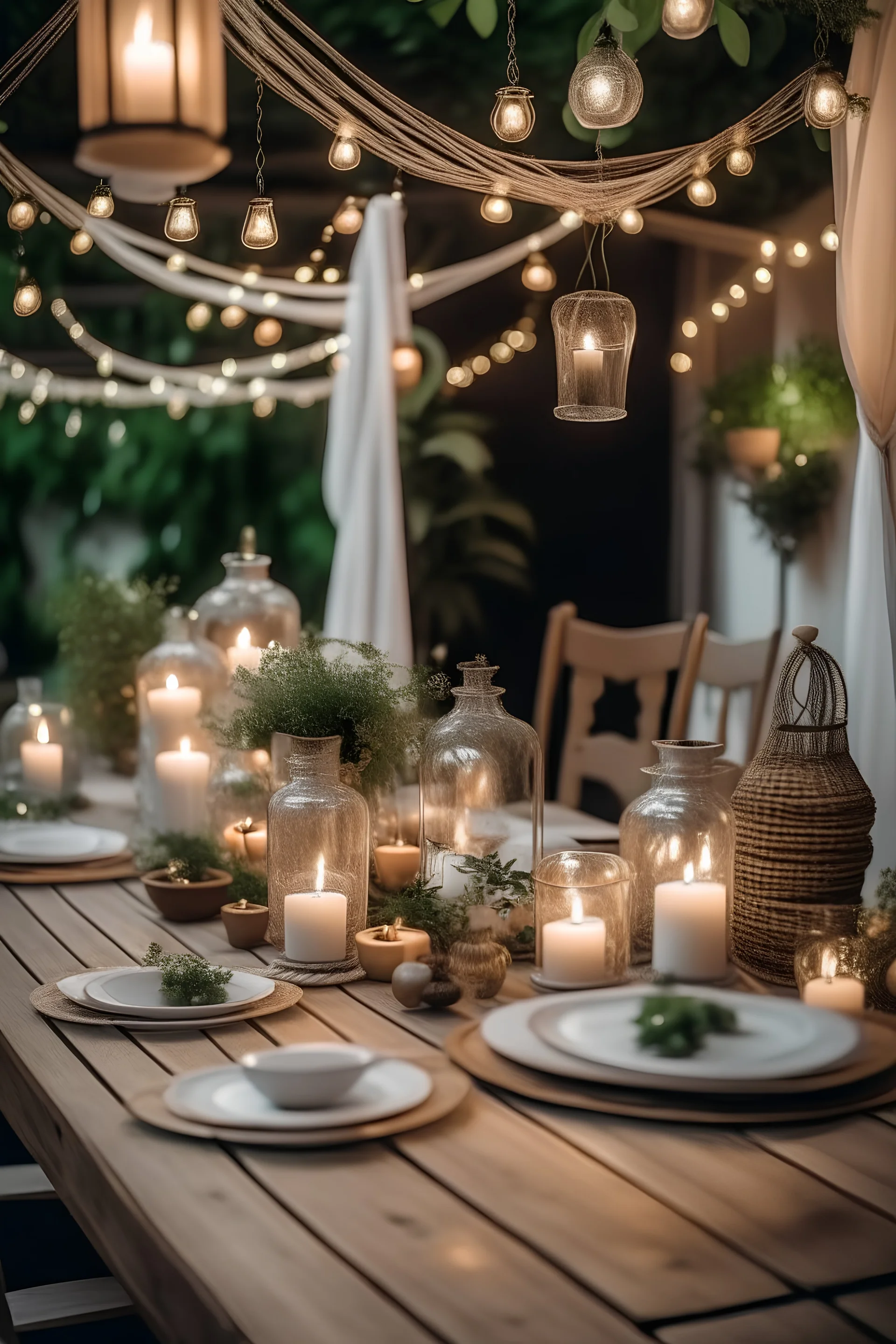 Wedding table setting. hall decoration with a lot of string lights and candles. festive table decor on the terrace