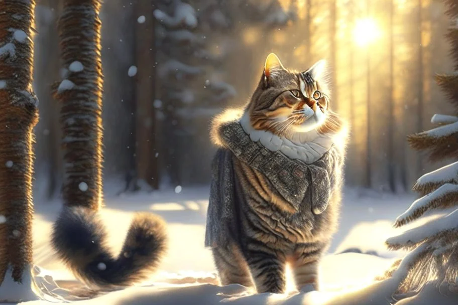 Cat in Wellensteyn coat, winter forest, pine trees, snowing, in sunshine