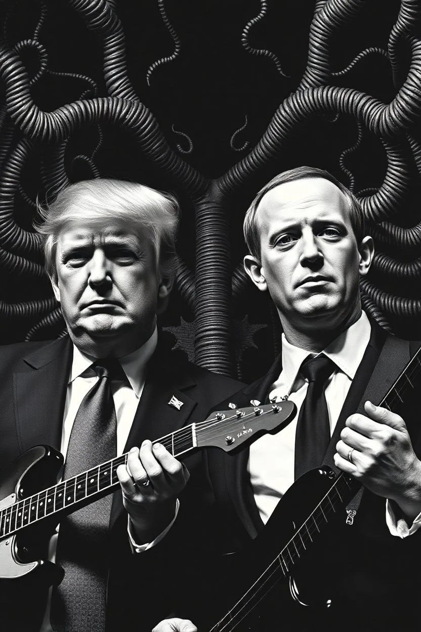 Trump and Zuckerberg as goth punk rockers in the style of Giger and Escher