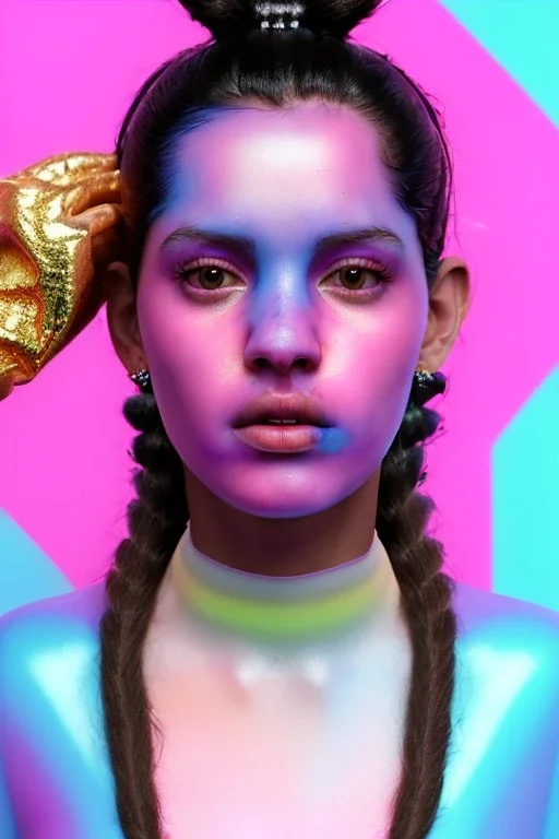 Ultra Realistic image, Rosalía artist, portrait, normal complexion, waist up portrait, two monkeys hair ,black eye long line, sweet face, t-shirt with holes, inflatable open coat, gold pink and blue style, spray glow make up, big geometric led jewelry, fog, hot, inflatable style latex coat, vibrant color, highly detailed, art stations, concept art, smooth, unreal engine 5, god rays, ray tracing, RTX, lumen lighting, ultra detail, volumetric lighting, 3d, finely drawn, high definition.