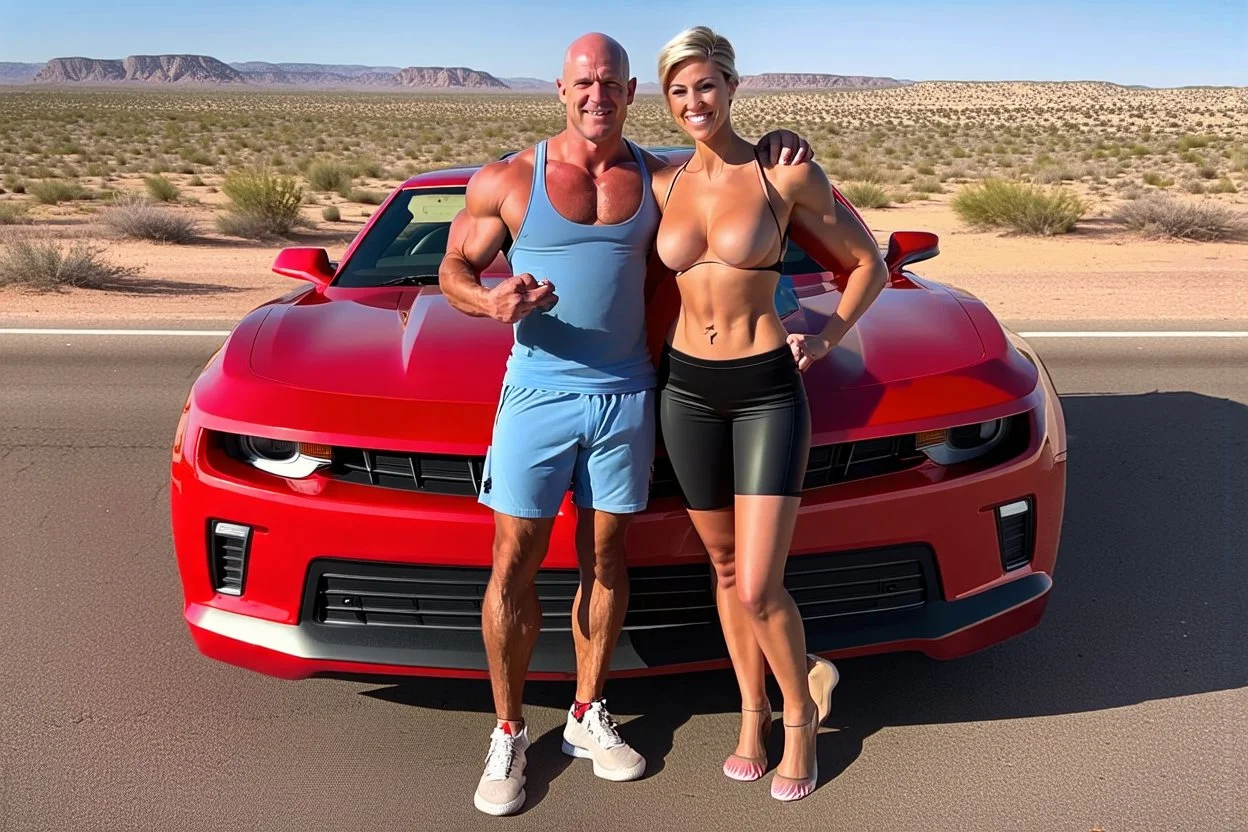 make a pic with short hair and little bald bodybuilder Knut Spildrejorde from Norway and his fitness wife Jeanette, they are standing front of his new red car Chevrolet Camaro, very busy highway in sunny desert Texas in the background