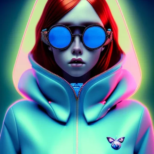 redhead woman teenager, freckles, big butterfly glasses, padded coat, retro futuristic, latex dress, gradient color, BLUE, PINK, CYAN, neon, insanely detailed, 16k resolution, perfect eyes, cinematic smooth, intricate detail