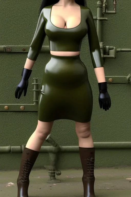 Russian military girl. Army green surfaces body, latex. Perfect body, thick thighs and calves. simple face. Wide hip, skirt bleats nicely. Asa Akira. Partly symmetrical. Straitjacket. Rusty and decayed background. Steam-plunge air-bottles. Euclidean 3D-tiling walls. 5th dimensional surface structures. Oppressive atmosphere