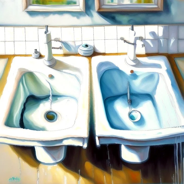 two white sinks, in one of them water is turning right and in the other lef, art, oil drawing, bright,