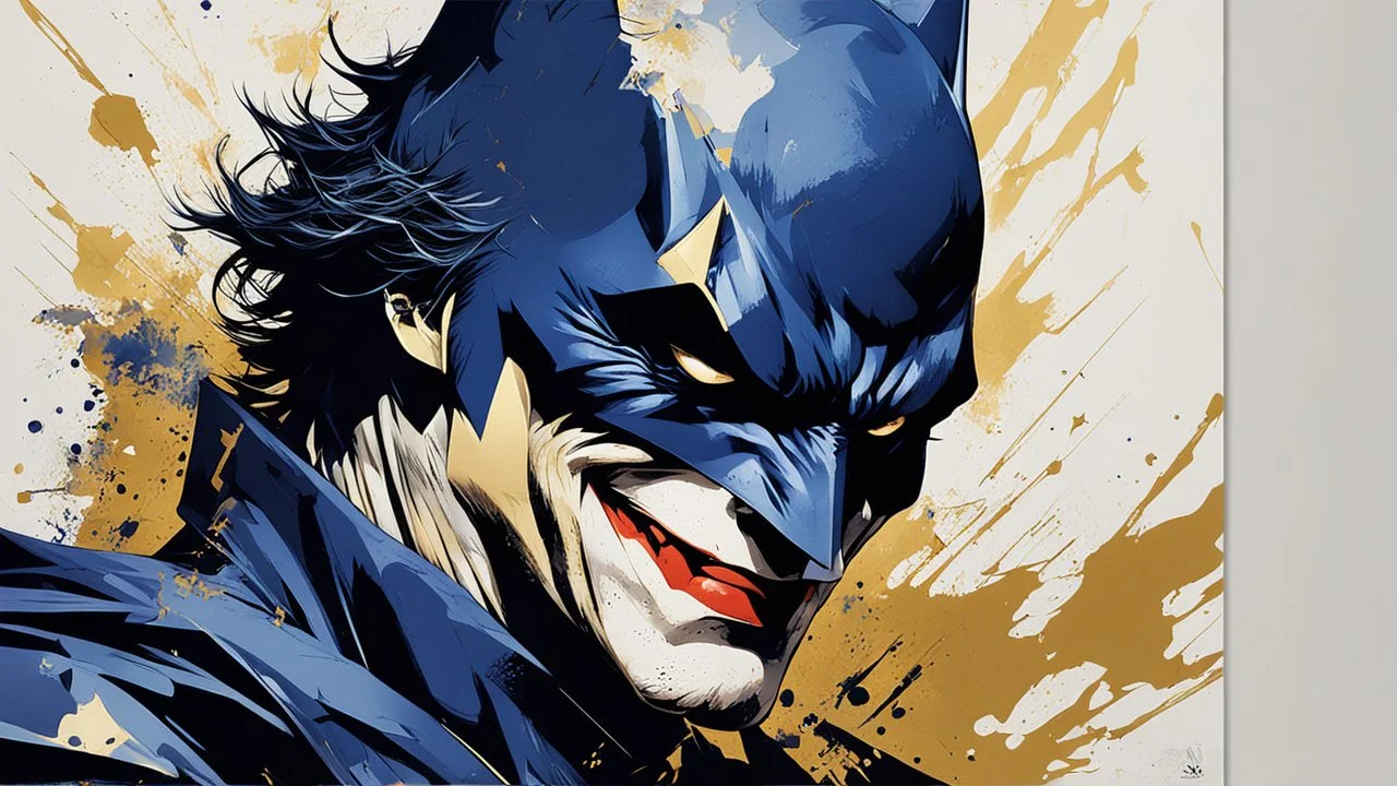 poster in two gradually, a one side Batman darkblue tones and other side Joker gold tones, painting by Yoji Shinkawa,