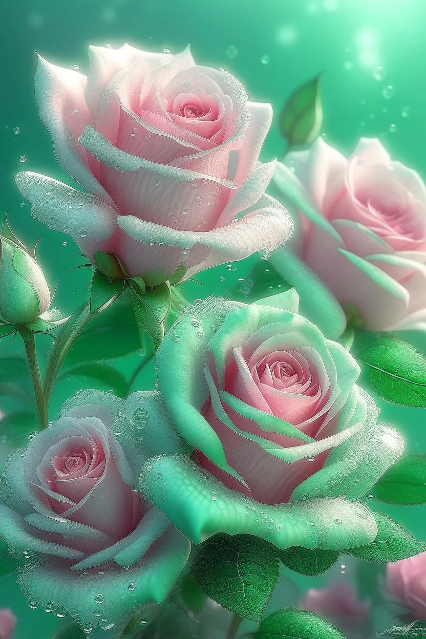 magic delicate pink-mint lush bouquet of roses, complex, amazing, magical delicate, mint color, sparkling dew drops, dawn, magically, in pastel transparent tones, hyperrealistic, beautiful lumen, shine, professional photo, 5d, realistic, 64k, high resolution, high detail, cgi, hyperrealism, f/16.1/300s, highly detailed digital painting, bright and juicy, photorealistic painting, solar backlight in the background, bright lighting, aesthetically pleasing, beautiful