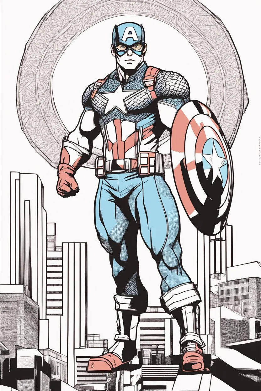 out line art of CAPTIAN AMERICA super HIRO colouring pages with white background ,skech style ,full body. only use outline,mandala style,clean line art,white background,no shadow and clear and well outlined