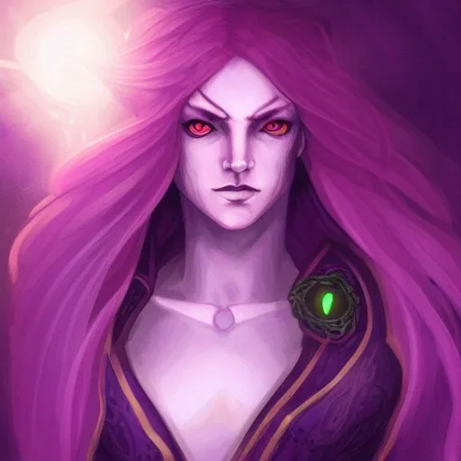 Female dungeons and dragons character, aasimar, fey warlock, spy, flowing hair, glowing eyes, mysterious facial expression, close-up, violet magical energy