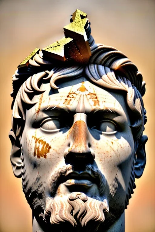 Ultra Realistic image, Roman sculpture, white marble material, Lionel Messi, gold Laurel leaves wreath, renaissance ornaments, one gold star in heart, sun ornament, sun rays background, chisel style, waist up portrait, emperor style, epic, celestial, cinematic lighting, God light, god rays, 4k resolution, smooth details, ornate details, soft lighting, unreal engine 5, art station, substance 3d.