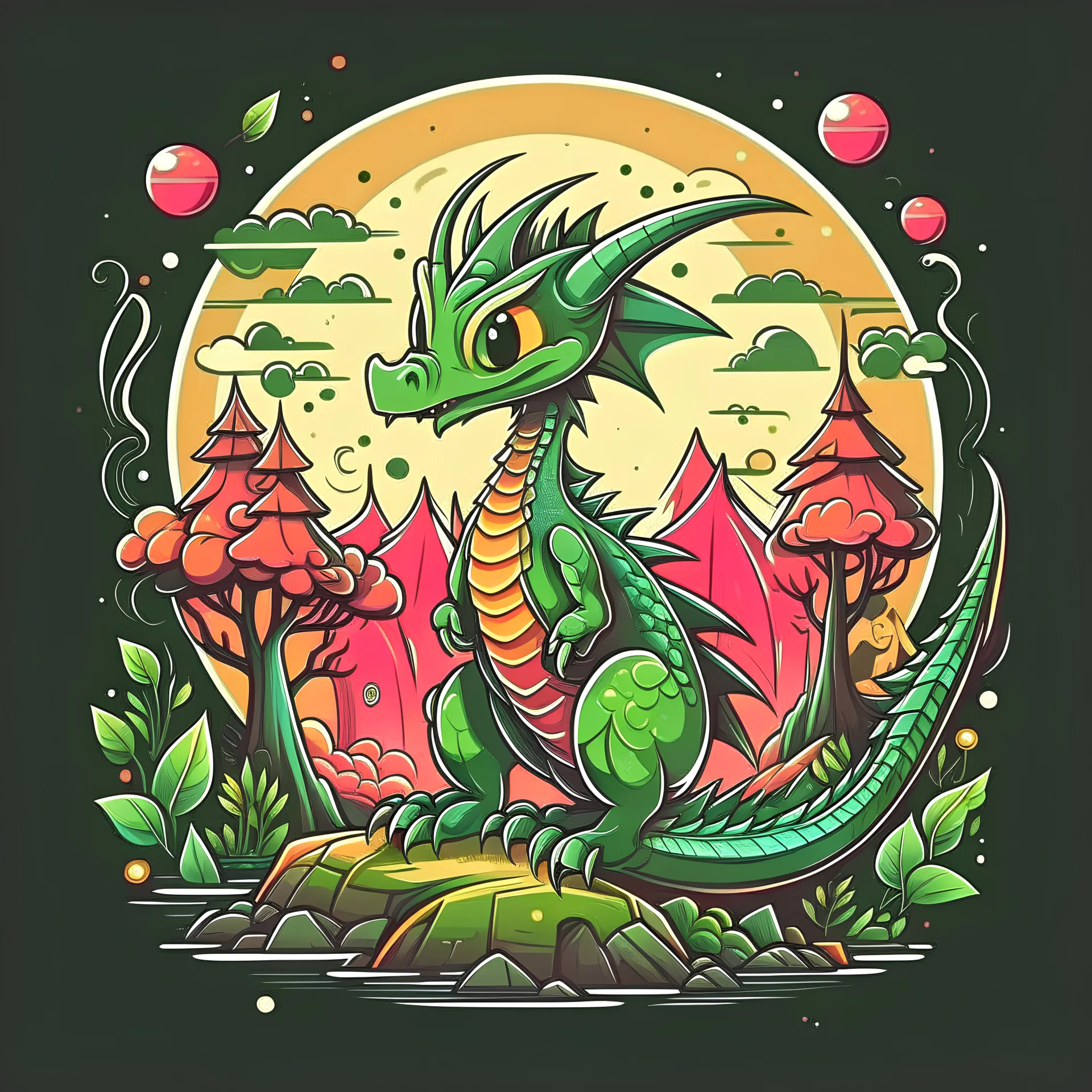 /**cute dragon i forest down moon, tshirt design, space fantasy, vector, 2d --style raw** Aspect Ratio: Portrait (2:3)