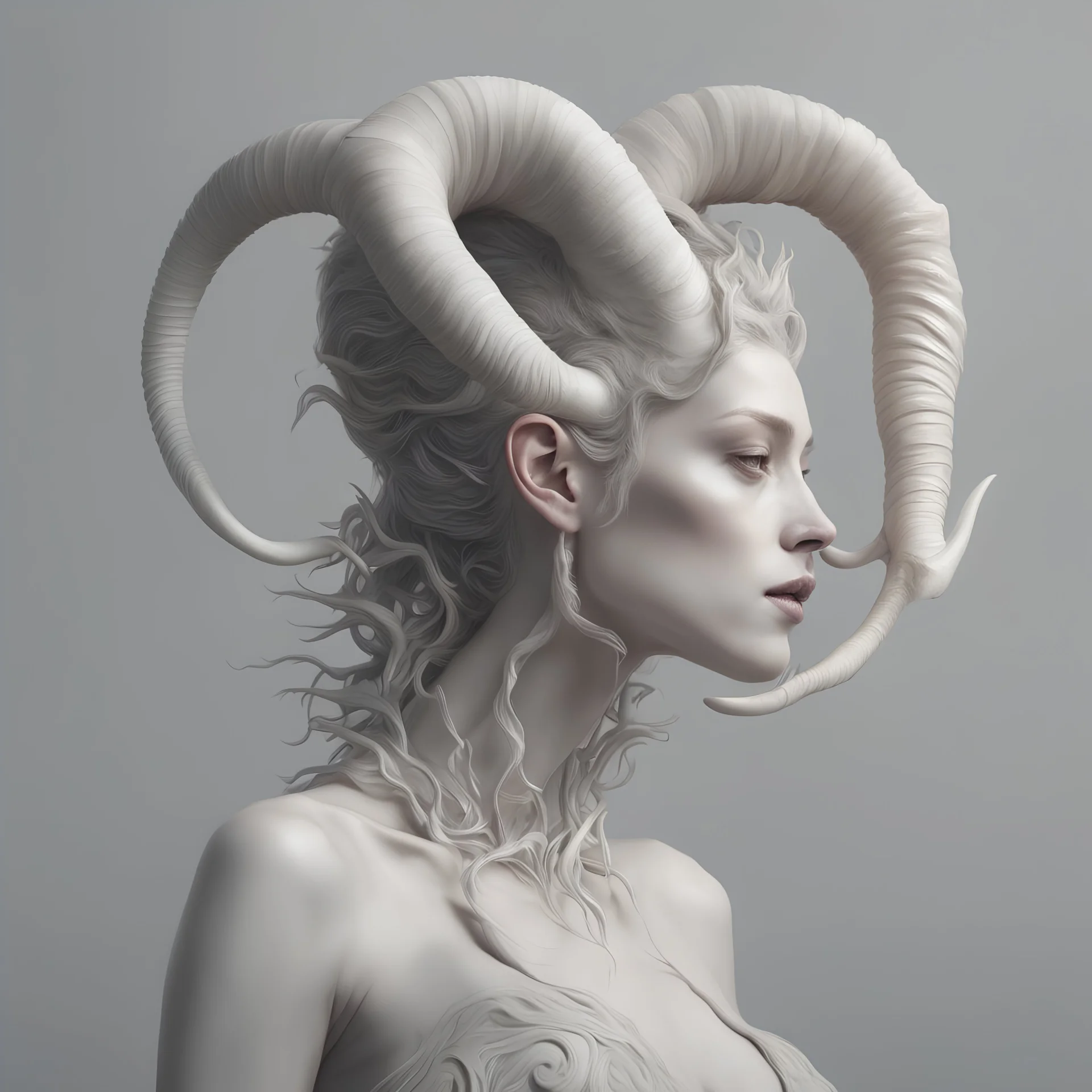 create a woman with horns on her head, inspired by Karol Bak, zbrush central contest winner, figurative art, beeple. hyperrealism, portrait of an alien, ram horns, side profile artwork, trending on deviantarthq”, jessica rossier and brian froud, 3 d clay figure, realism | beeple, sculpture of a woman