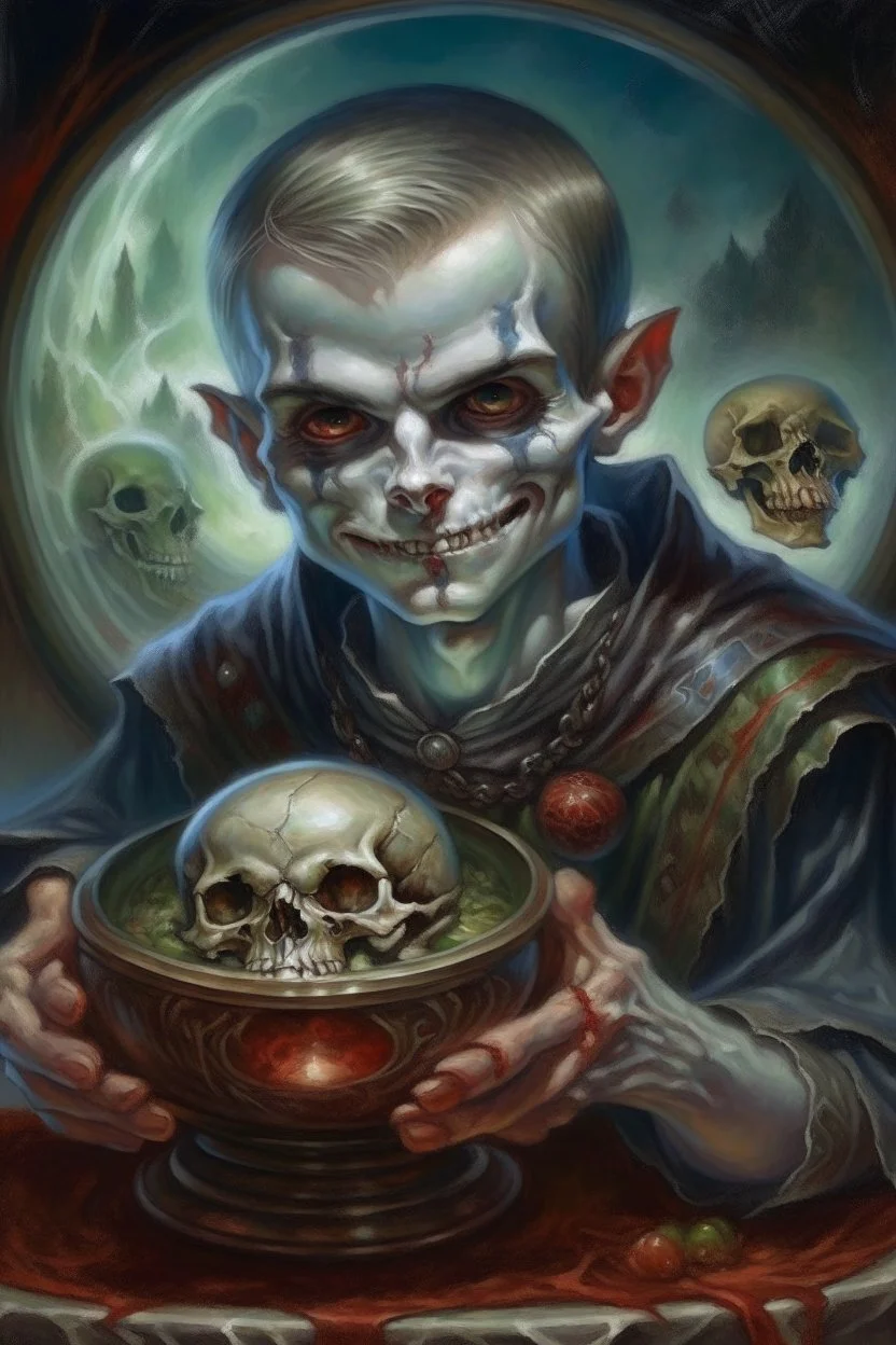 book cover illustration, oil painting portrait of metallic sleeping slightly cute smirking vampire holding small earth on a platter, bokeh , high detail, smooth render, prize winning