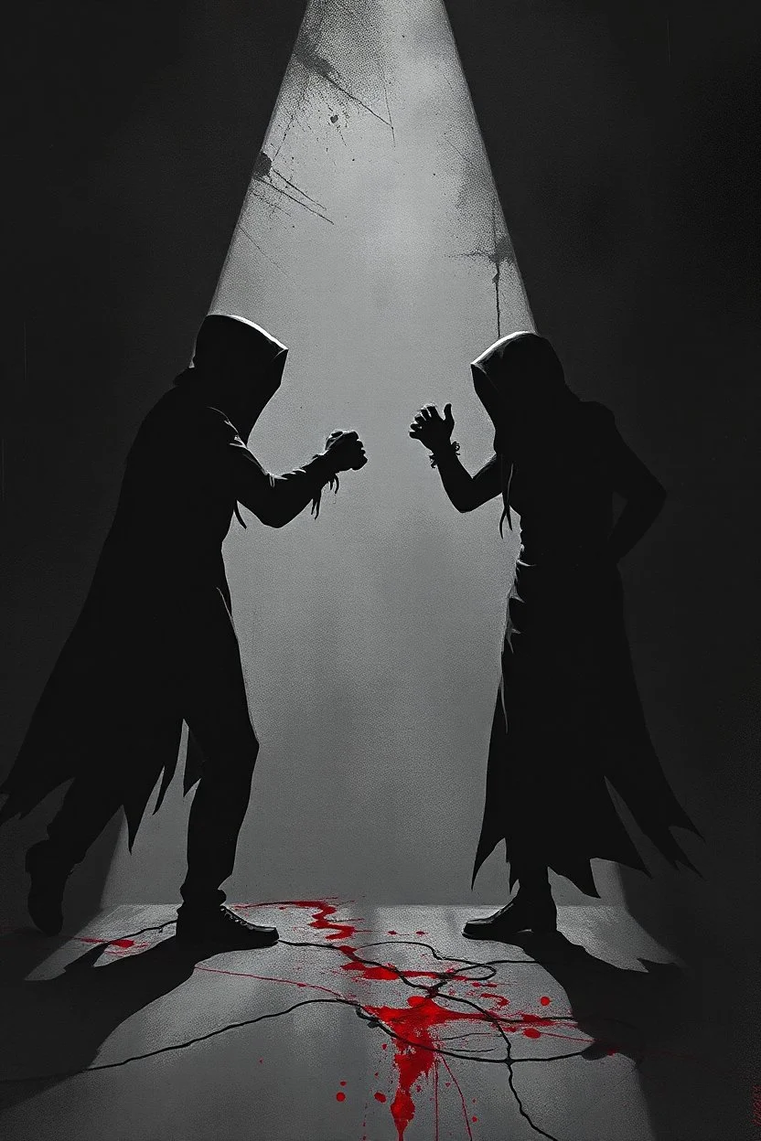 a distressing, abstract image of two shadows preparing to fight to the death