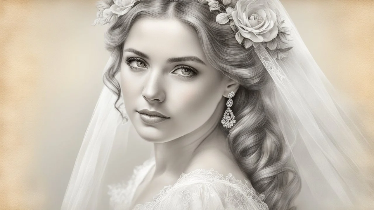 old postcard, white background, bride, pencil drawing, 3d, 64k, high resolution, high detail, computer graphics, hyperrealism, f/16, 1/300 sec. digital painting, double exposure,