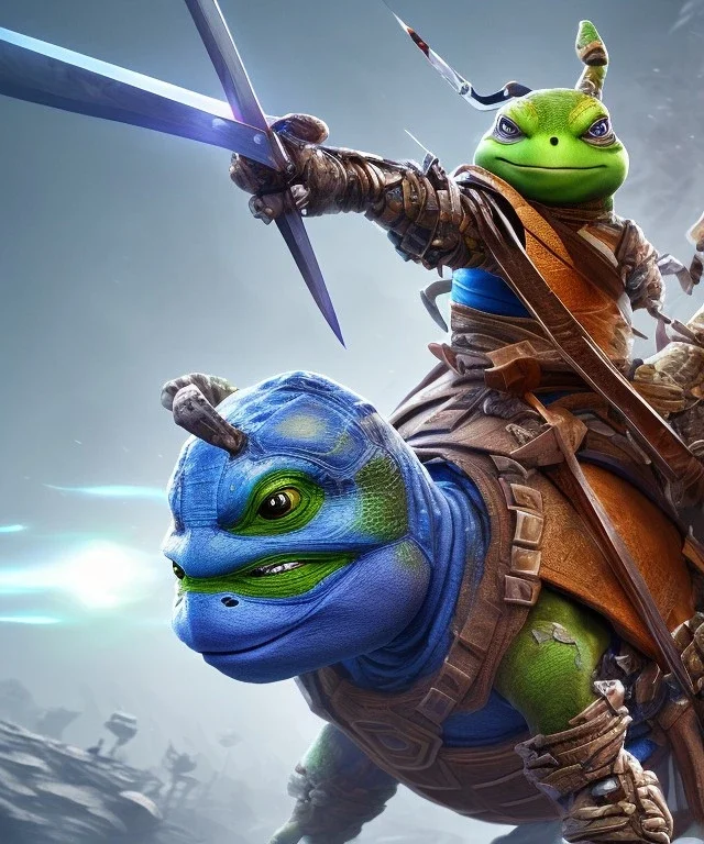 Teenage Ninja Turtle leonardo, fit muscles, fierce pose, holding sword, blue fabric eyeband, full body close up, soft light atmosphere, light effect，vaporwave colorful, concept art, smooth, extremely sharp detail, finely tuned detail, ultra high definition, 8 k, unreal engine 5, ultra sharp focus