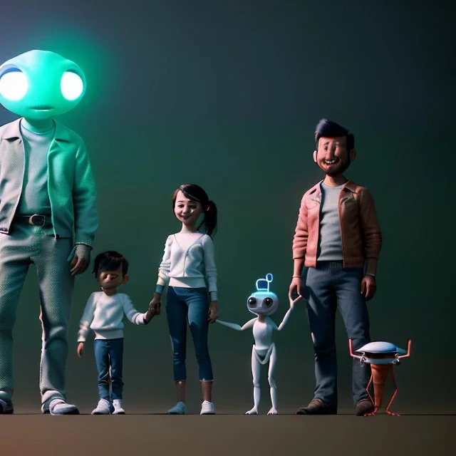 Ultra Realistic classic family portrait, living room. father. mother. daughter. alien pet. Little flying drone. retro futuristic, minimal style. smile, happy. highly detailed, concept art, unreal engine 5, ray tracing, RTX, lumen lighting, ultra detail, volumetric lighting, 3d, finely drawn, high definition, high resolution.