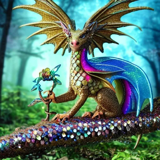 cute, adorable baby dragon made of crystals and gems, glittery scales, iridescent wings, sitting on forest floor, muted rainbow colors, intricate, fine detail, 8k, sharp, crisp, high-quality, 4k , octane render, detailed matte, brian froud, howard lyon, anne stokes, lisa parker, selina french, greg rutowski