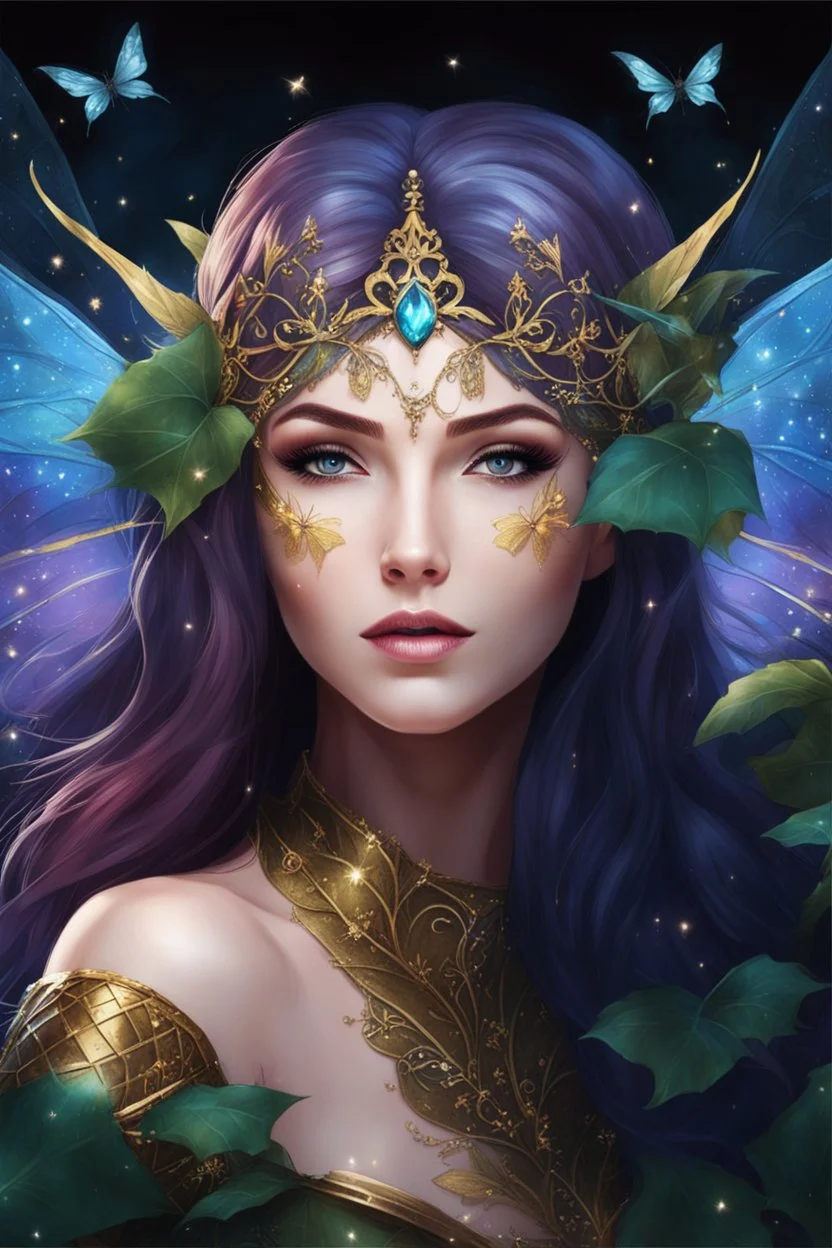 Burgundy hair, dark hair,dark red , rapunzel hair,very long hair,dark fairy princess,elven crown,night,dragonflies,beautiful,ong ashes,golden armor ,sparkle,night blooming,ivy,dark green,lilly of valley,golden elven crown,elven warrior,dark gold armor