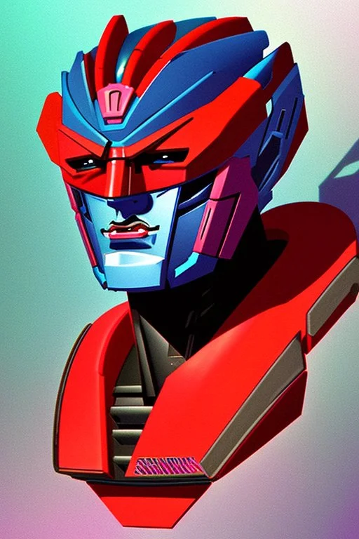 Fotoretrato de un transformer de 1980, debe ser algo decadente. Vibrante en colores, solo su cara es un retrato. Megatron, optimus prime. Animé.