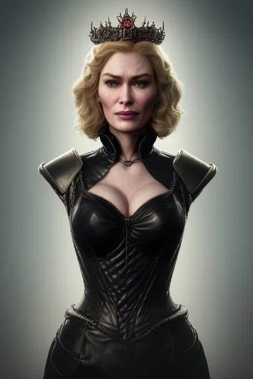 Cersei Lannister as evil queen in black leather, busty, cleavage, curvy, lena headay, angry, stern look. character design by cory loftis, fenghua zhong, ryohei hase, ismail inceoglu and ruan jia. unreal engine 5, artistic lighting, highly detailed, photorealistic, fantasy