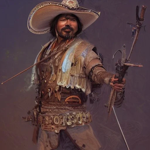 Insanely detailed photograph of an “ a mustachioed cowboy warrior ” with worn Sombrero, worn charo,cigar,crossbow in hand, hyperdetailed painting by Ismail Inceoglu Huang Guangjian and Dan Witz CGSociety ZBrush Central fantasy art album cover art,8K, hdr, mysterious, flickeringlights ,Stoic