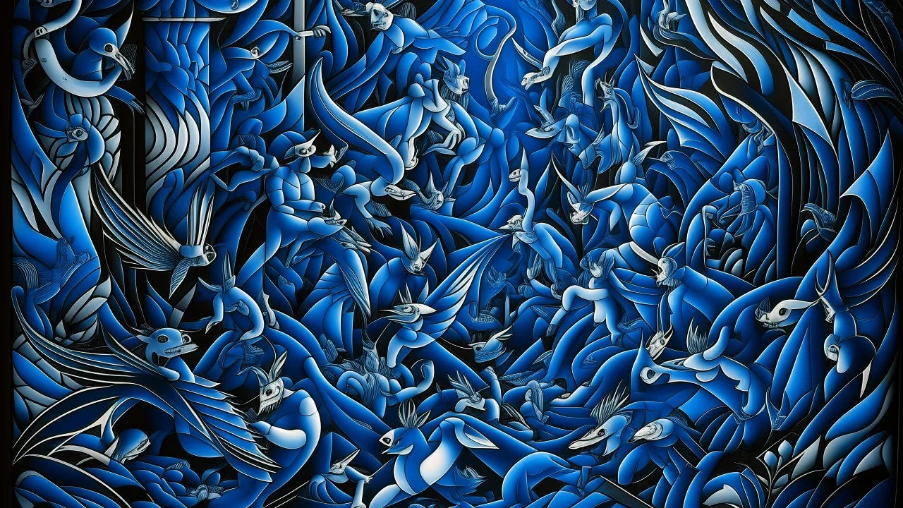 A dark blue chaotic realm with pixies painted by MC Escher