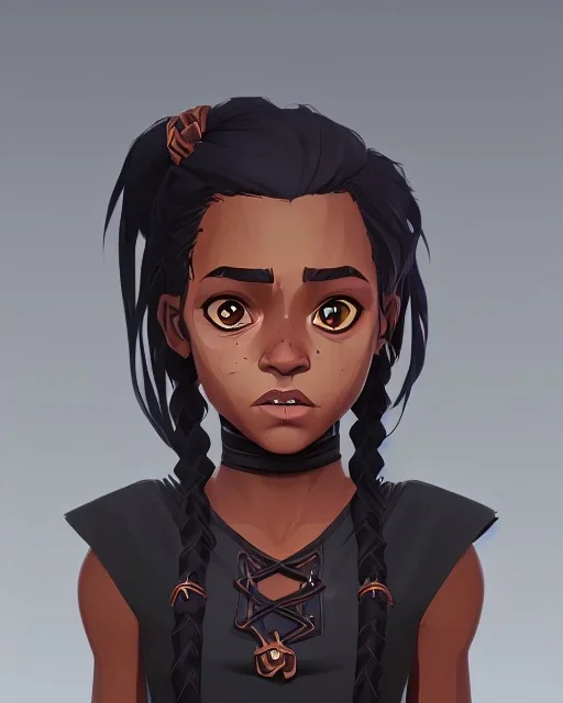 Portrait of an adorable dark skinned 9 year old witch kid with braided black hair