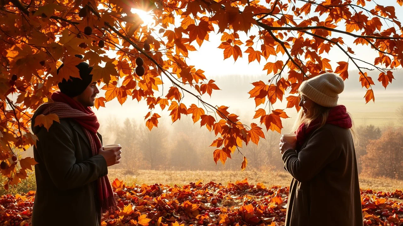 Autumn: falling leaves, chestnuts, acorns, berries, Misty mornings, fog over distant fields or forests, sunshine; people wear scarves, woolly hats, gloves, steaming hot drinks; birds migrating, squirrels gathering nuts, rabbits, beautiful colours, atmospheric. Award winning photograph.