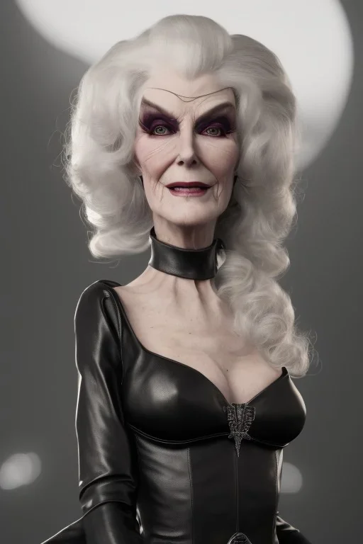 Carmen Dell`orifice as evil queen in black leather gown, angry, busty, curvey, cleavage, unreal 5, octane render,cinema4d, dynamic lighting, dramatic lighting, 4k, redshift render, highly detailed, hyper realistic