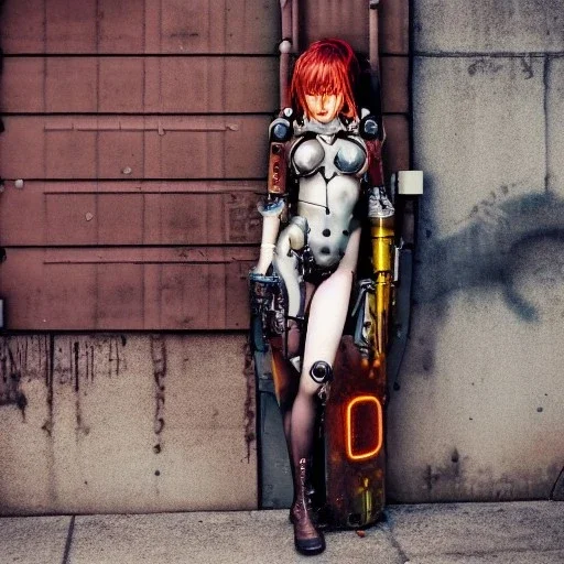 Rusty female steam punk cyborg laying in the streets sad and lonely, crying,suit is falling apart, anime character,neon lights