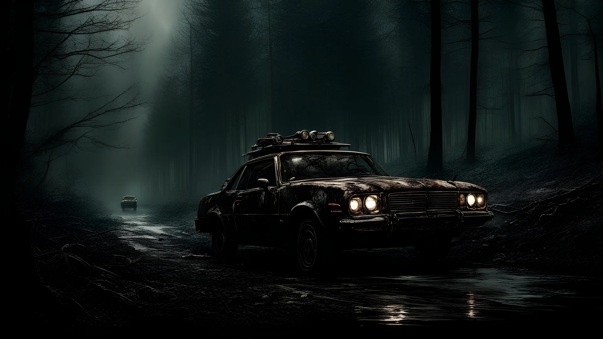 a chase in the night forest, two cars, post-apocalypse, dark style, Luis Royo & Raymond Swanland