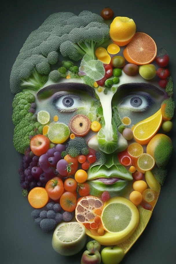 a human face made only of fruits & vegetables